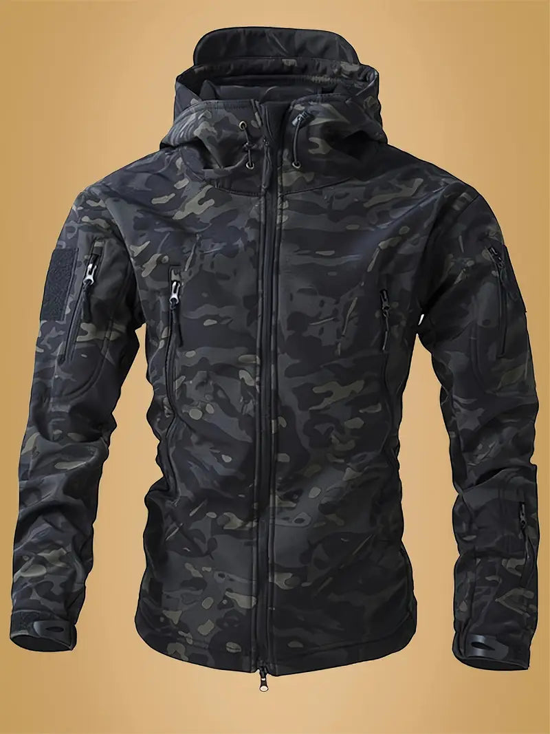 Men's Tactical Camo Windbreaker - Waterproof, Mid-Length Military Jacket with Hood, Zip Closure for Fall/Winter