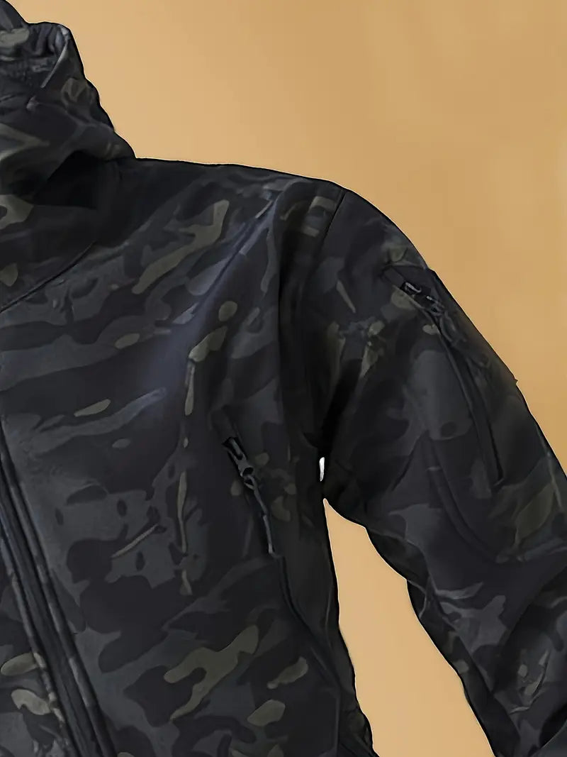 Men's Tactical Camo Windbreaker - Waterproof, Mid-Length Military Jacket with Hood, Zip Closure for Fall/Winter