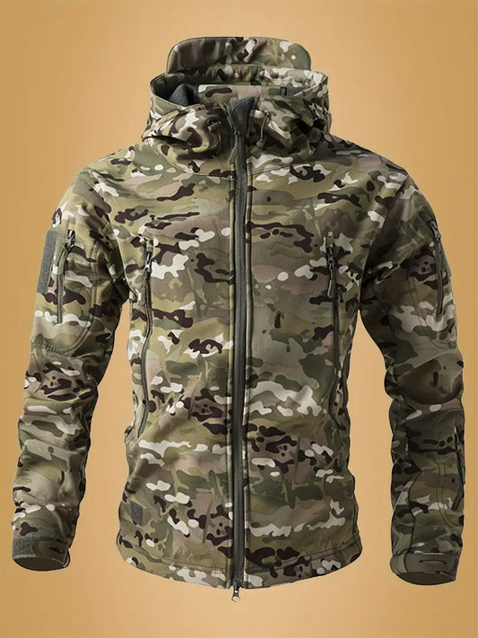 Men's Tactical Camo Windbreaker - Waterproof, Mid-Length Military Jacket with Hood, Zip Closure for Fall/Winter