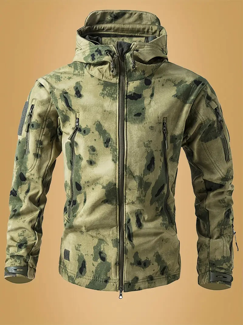 Men's Tactical Camo Windbreaker - Waterproof, Mid-Length Military Jacket with Hood, Zip Closure for Fall/Winter