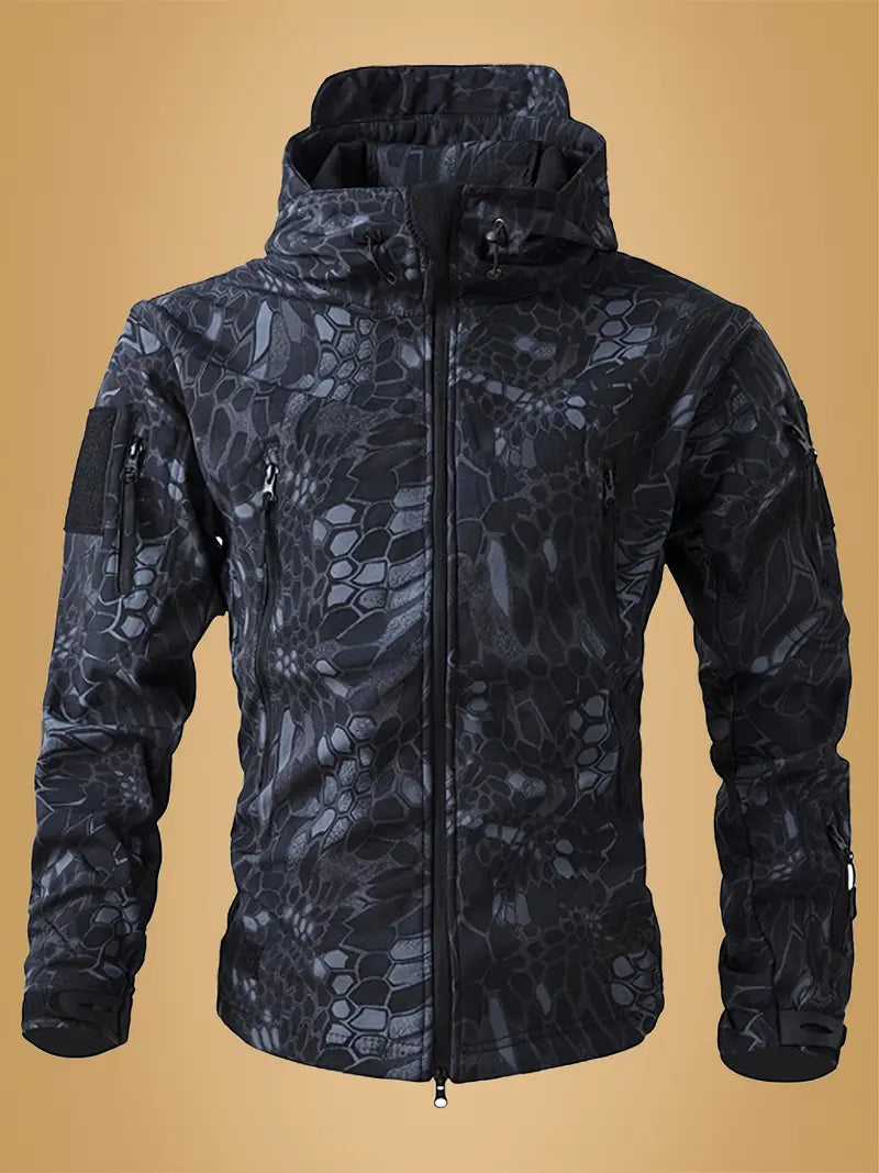 Men's Tactical Camo Windbreaker - Waterproof, Mid-Length Military Jacket with Hood, Zip Closure for Fall/Winter