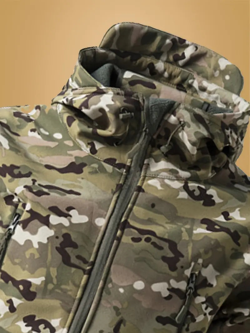 Men's Tactical Camo Windbreaker - Waterproof, Mid-Length Military Jacket with Hood, Zip Closure for Fall/Winter