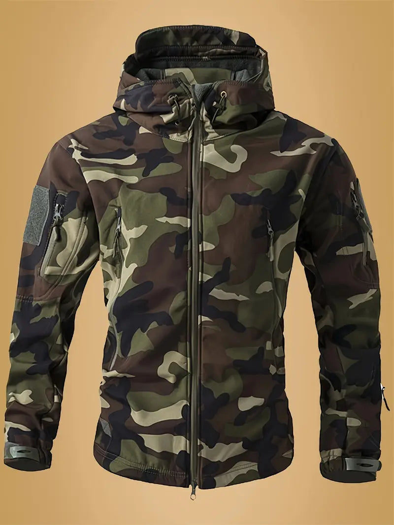 Men's Tactical Camo Windbreaker - Waterproof, Mid-Length Military Jacket with Hood, Zip Closure for Fall/Winter