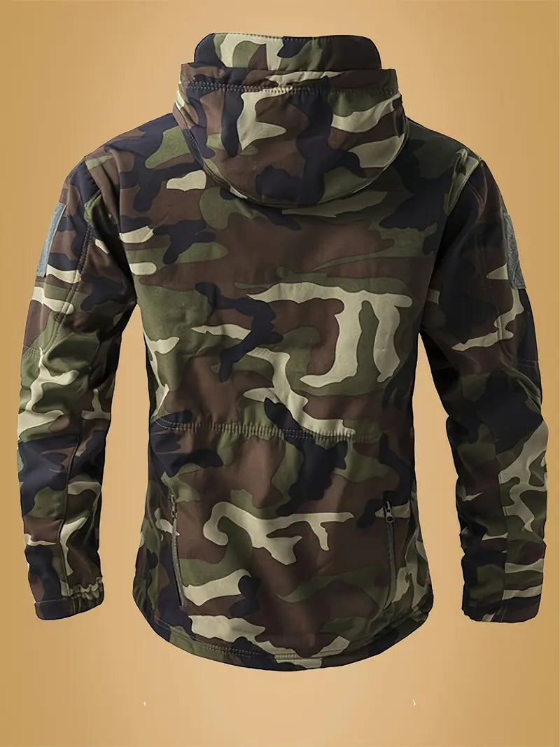 Men's Tactical Camo Windbreaker - Waterproof, Mid-Length Military Jacket with Hood, Zip Closure for Fall/Winter