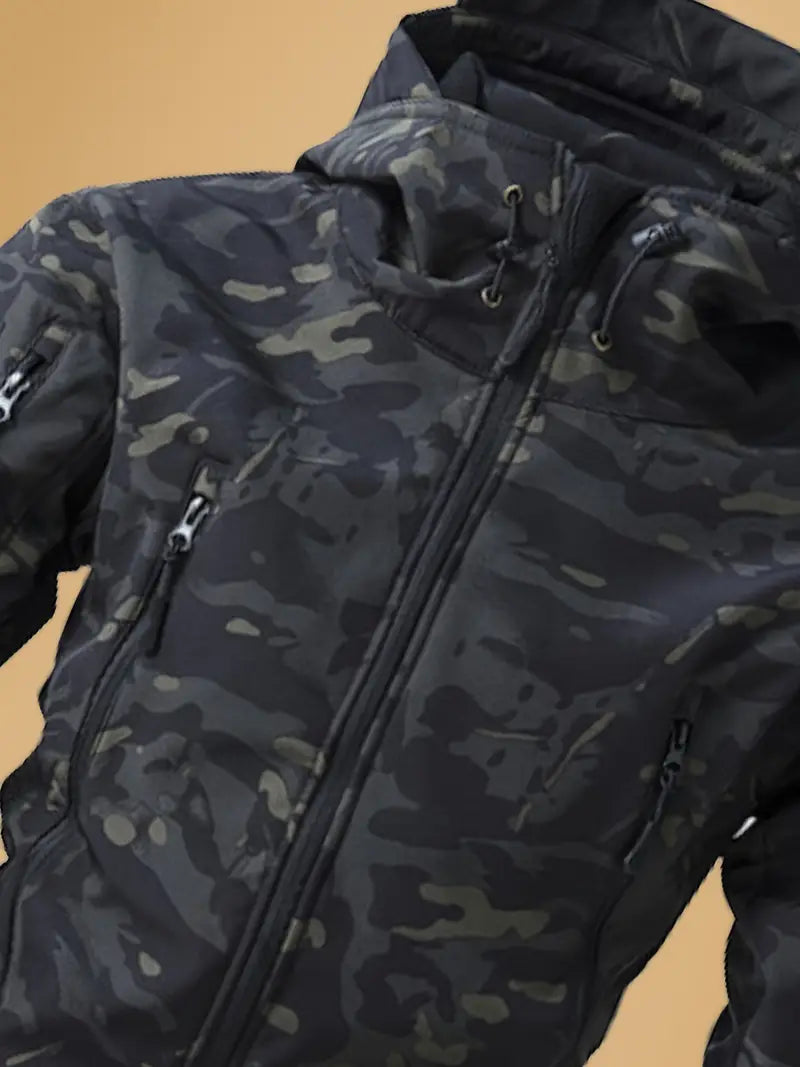 Men's Tactical Camo Windbreaker - Waterproof, Mid-Length Military Jacket with Hood, Zip Closure for Fall/Winter